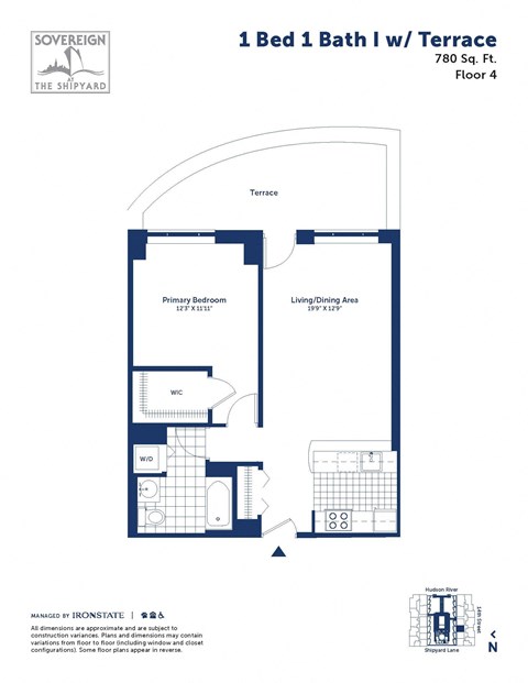 Floor plan for 1 bed, 1 bath, 780 sqft